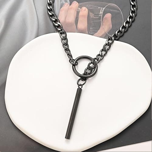 Heart O ring Slip Chain Necklaces for Women Stainless Steel Cuban Chain Bar Necklace Punk Rock Collar Necklace Handmade Adjustable Lariat Y Necklaces for Men thumbnail 4