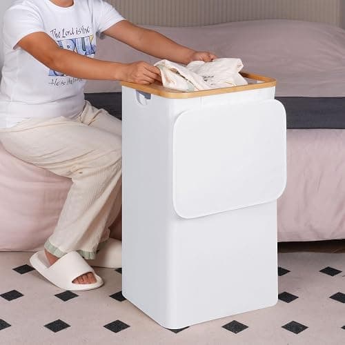 efluky Laundry Hamper with Lid, 100L Tall Laundry Basket with Bamboo Handles for Clothes and Toys, Collapsible Laundry Hamper with Inner Bag for Bedroom and Bathroom, White thumbnail 2