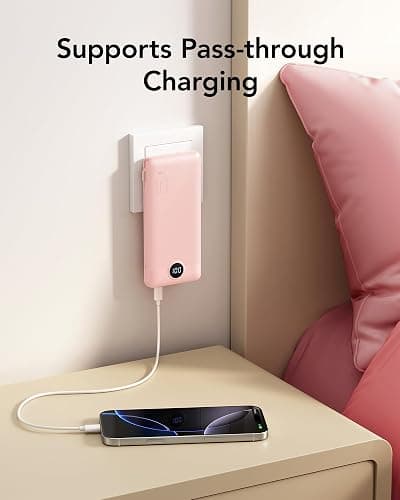 VRURC 22.5W Portable Charger 10000mAh Fast Charging with Built-in AC Plug | powe bank battery pack, travel essentials for women,USB C cable, Ultra Slim,pocket size Pink thumbnail 2