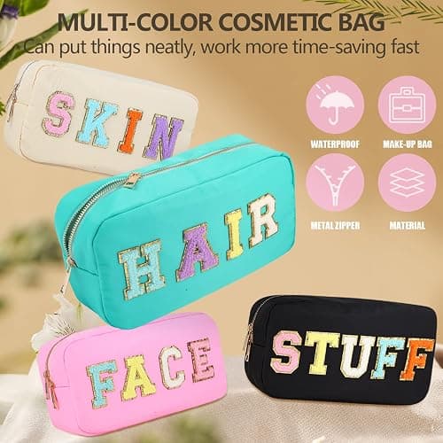 4PCS Nylon Zipper Waterproof Preppy Makeup Organizer Bag Set - Cosmetic Stuff Pouch for Women Travel Toiletry Organization Outdoor with Chenille Letter Patches thumbnail 3