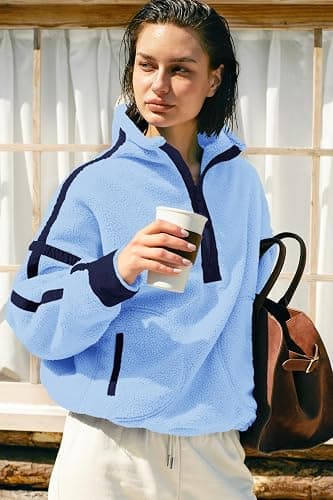 Panadila Womens Half Zip Sherpa Fleece Pullover Soft Oversized Sweatshirt with Pockets Warm Fuzzy Sweater thumbnail 4