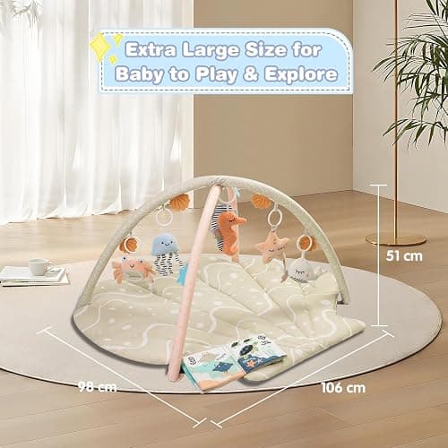Suihuooo Baby Play Mat, Ocean Shell Theme Playmats & Floor Gyms, Baby Play Gym with 6 Detachable Activity Toys, Early Sensory Development Play Mat for Infant & Newborn (Beige) - Beige thumbnail 2