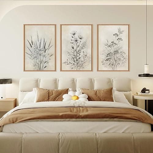 BICERE Large Neutral Flower Botanical Framed Canvas Wall Art,Boho Wildflowers Ink Wall Decor,Vintage Bouquet Wall Painting,Nature Artwork for Living Room,Bedroom,Dining Room,Office -16"x24"x3 - Neutral Botanical Wall Art - 16''x24''x3 thumbnail 5