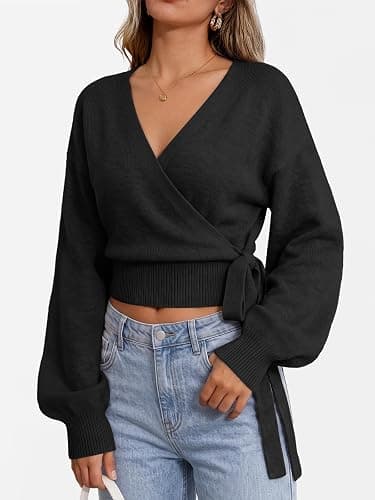 Trendy Queen Womens Wrap Cropped Open Front Pullover Sweater Tops 2026 | Lightweight Soft Knit, Adjustable Side Tie, Easy Layering Piece, Fall Fashion Staple thumbnail 3