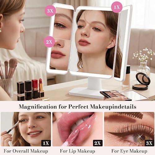 SIMETRA 15.6'' Rechargeable Makeup Mirror with Lights, 156 LED Magnification Vanity Mirror with 3 Colors Lights, 3000mAh Lighted Mirror, Touch Control Trifold Mirror for Women Travel Desk thumbnail 4