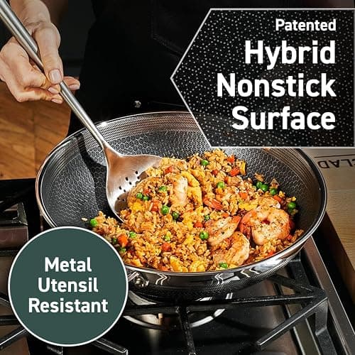 HexClad Hybrid Nonstick 18-Piece Cookware Set, 2, 3, and 8Qt Pots with Lids, 2 Silicone Trivets, 8", 10", and 12" Pans with Lids, 7Qt Chicken Fryer with Lid, and 14" Wok with Lid, Stay-Cool Handles thumbnail 6