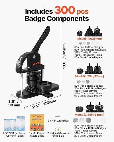 VEVOR Button Maker Machine 1/1.25/2.25 inch(25/32/58mm) 3-in-1 Pin Maker | with 300pcs Button Parts, Children DIY Presents, Ergonomic Arc Handle Punch Press Kit, Panda Magic Book, and Circle Cutter thumbnail 2