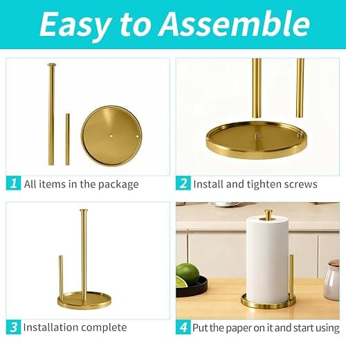 Paper Towel Holder Countertop, Standing Paper Roll Holder with Anti Slip Weighted Base, Stainless Steel Freestanding Paper Towel Holder for Kitchen, Gold thumbnail 7