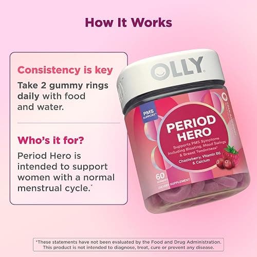 OLLY Period Hero Gummies, PMS Support Supplement,* Chasteberry, Vitamin B6, Calcium, Cran-Raspberry Flavor, 30 Day Supply - 60 Count thumbnail 4