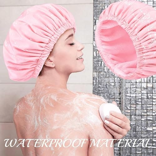 Pink Shower Cap for Women Terry Lined Bath Cap Large Reusable Waterproof Elastic Band Shower Caps for Long Thick Hair Soft Bath Shower Hair Caps thumbnail 3