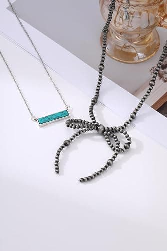 Navajo Pearl Necklace Western Jewelry for Women Turquoise Heart Bar Pendant Necklace Layered Boho Beaded Choker Necklace for Women thumbnail 2