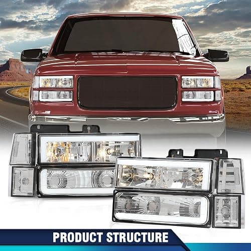 PIT66 LED DRL Headlight Assembly, Compatible with 1994-1998 Chevy C10 C/K 1500 2500 3500 Fit 94-99 Chevy Tahoe Suburban w/Turn Signal Lamps Bumper Lights Corner Lamps Clear Lens Chrome Housing thumbnail 9