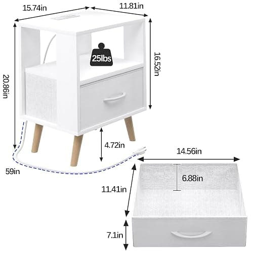 Aenuert Night Stand with Charging Station, White Kids Nightstand with Drawer, 3-Tier Nursery Bedside Table with USB Ports and Outlets, End Table for Small Space, Living Room, Bedroom thumbnail 2