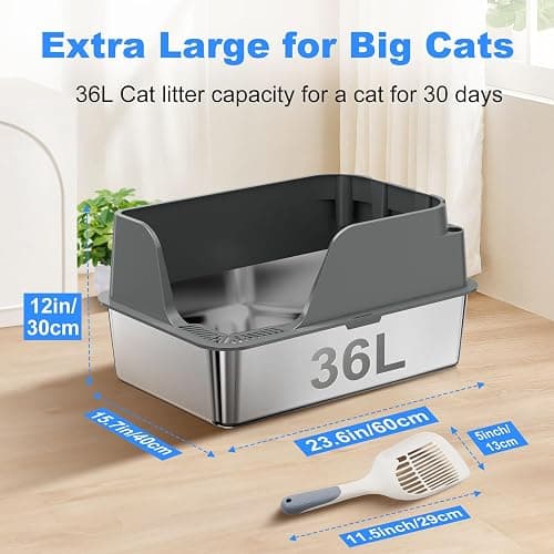 Stainless Steel Cat Litter Box with Lid, XL for Big Cats, High Sided | Metal Litter Pan, Anti Leakage, Odor-Free & Easy Cleaning, Included Scoop &Trash Bag*2 & Mat & Sticker, Grey thumbnail 2