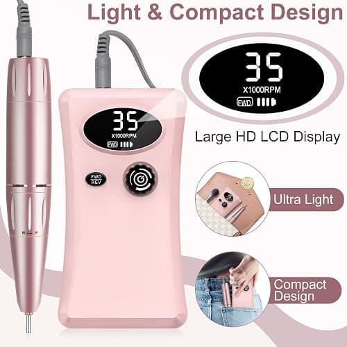 Electric Nail Drill, Urbuti 35000RPM Professional Nail Drill Machine, Portable Rechargeable File Machine Set for Acrylic Gel Nails, Manicure Pedicure Tools for Home and Salon Use(Pink) thumbnail 7
