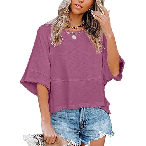 Sovelen Women's Summer Casual Crewneck Batwing Half Sleeve T-Shirts Solid Color Loose Fit Cute Basic Flowy Tops Tees Blouses thumbnail 2