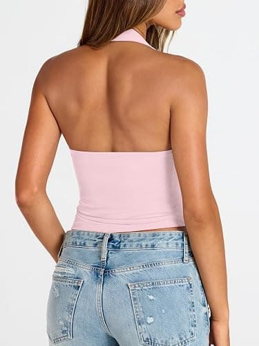 Trendy Queen Double Lined Halter Top for Women Open Back Backless Deep V Neck Crop Top Summer Teen Going Out Party Clubbing thumbnail 5