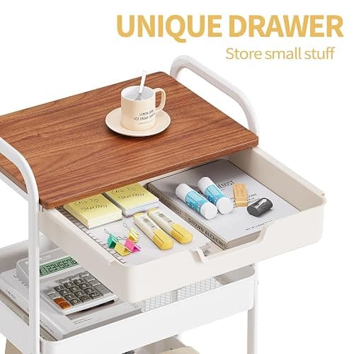 TOOLF 3 Tier Rolling Cart with Drawer, Metal Utility Storage Cart, White | Wooden Tabletop, Lockable Metal Wheels, Trolley Organizer for Bathroom, Kitchen, Office, Nursery, Dorm, Laundry, Craft Room thumbnail 5