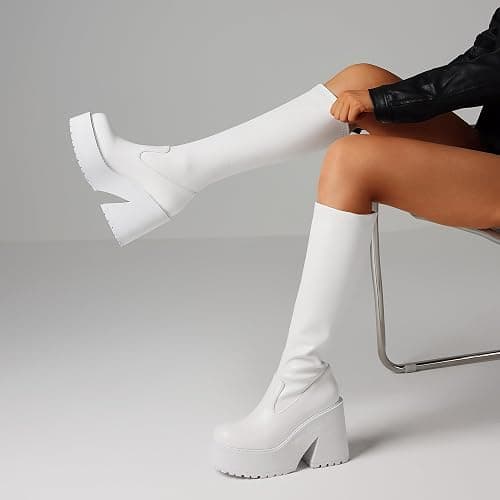 AMINUGAL Womens Elastic Knee High Platform Chunky Block High Heel Sock Boots Zipper Round Toe Fashion Motorcycle Combat Punk Boots For Women thumbnail 3