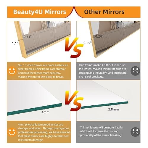 Beauty4U 59" x 16" Tall Full Length Mirror with Stand, Gold Wall Mounting Full Body Mirror, Metal Frame Full-Length Tempered Mirror for Living Room, Bedroom thumbnail 5