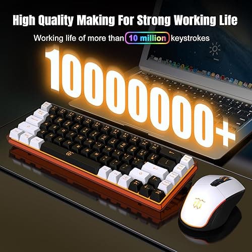 Snpurdiri 60% Wireless Gaming Keyboard and Mouse Combo,Orange Backlit Rechargeable 2000mAh Battery,Mini Mechanical Feel Anti-ghosting Keyboard + Popular RGB Mice for Gaming, Office(Black-White) thumbnail 6