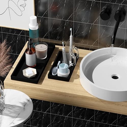 BBK Bathroom Vanity Tray- 2 Pack (7.8" and 11.8") Silicone Bathroom Tray for Counter, for Perfume Key Trinket Ring Soap Organization - Black thumbnail 2
