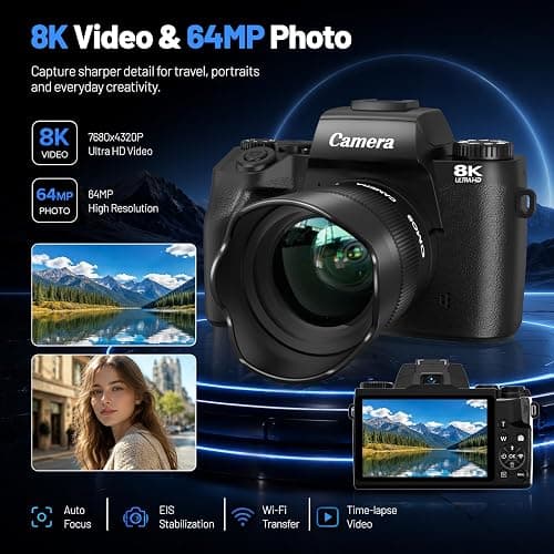 Cameras for Photography, 64MP Dual Lens Vlogging Camera & 32GB Card (Black) | 8K Digital Camera with 4" Touch Screen, LED Fill Light, 3000MAh Battery, Lens Hood, Hot Shoe & 32GB TF Card thumbnail 2