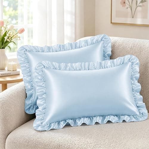 SiinvdaBZX Ruffled Standard Satin Pillowcase Set of 2, Baby Blue | 20 x 26 Inch Silky Satin Pillow Cases for Women Ruffle Pillow Shams Covers Princess Room Decoration, Envelope Closure thumbnail 5
