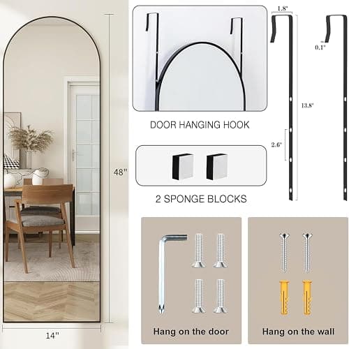 JAWGLOW Door Mirror, Arched Full Length Mirror Over The Door, 14"x 48" Hanging or Wall Mirrors, Full Body Mirrors - Black thumbnail 6