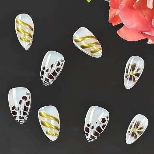 24Pcs Brown Flower Press on Nails Leopard Fake Nails Medium Almond False Nails with Gold Design Brown Flower Acrylic Nails Irregular Stick on Nail Artificial Full Cover False Nail for Women thumbnail 5