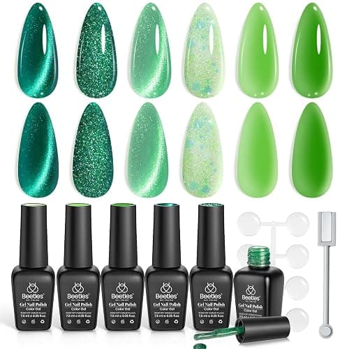 Beetles Green Cat Eye Gel Nail Polish Set, Enchanted Forest Glitter Gel | 6 Colors Mint Matcha Emerald Glitter Cat Eye Gel Polish, Summer Enchanted Forest UV LED Soak Off Nail Kit for DIY Salon Home - Image 1