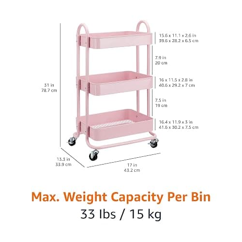 Amazon Basics 3-Layer Kitchen Trolley with 360 Degree Wheels for indoor and outdoor use, Dusty Pink thumbnail 3