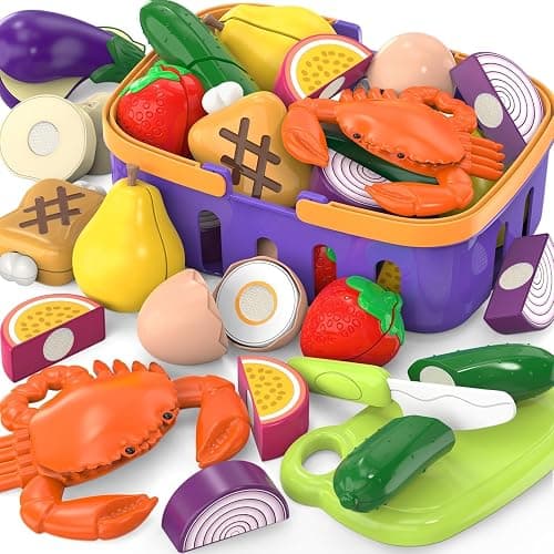 Cutting Play Food Toy with Grocery Basket, Pretend Play Kitchen Accessories | Toddler Educational Kitchen, Plastic Fake Food, Vegetables & Fruits for Kids Age 3-5, Birthday Gift for Boys Girls - Image 1