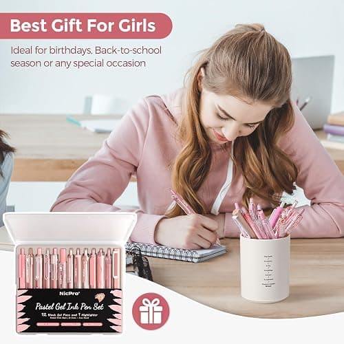 Nicpro 13 Pack Pink Gel Pens Set, Fine Tip Black Ink Pen with 1 Highlighter, Cute Pen for Journaling, Back to School Office Supplies for Teacher Student Gift, Pink Desk Accessories for Girl Stationery thumbnail 6