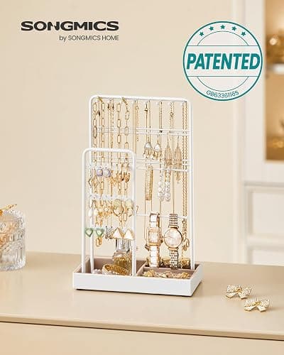 SONGMICS Jewellery Stand, Jewellery Organiser, Jewellery Display Stand with Metal Frame and Velvet Tray, Earring Bracelet Holder, Necklace Stand, for Studs, Rings, Gift Idea, White JJS021W01 thumbnail 3