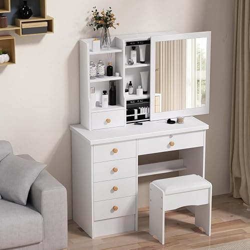 tekrabea Dressing Table with 6 Drawers, Vanity Desk with Mirror, Storage Shelves and Stool, Makeup Desk for Bedroom, Modern Makeup Table with Mirror and Chair, White thumbnail 4
