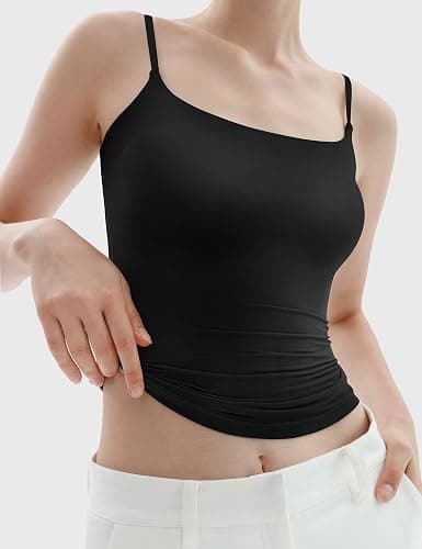 PUMIEY Women's Square Neck Tank Top Adjustable Spaghetti Straps Sleeveless Basic Tops Sharp Collection - Medium - Jet Black thumbnail 5