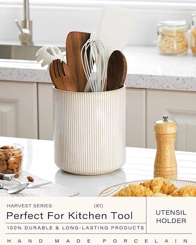 getstar Large Kitchen Utensil Holder for Kitchen Counter (H7.2” x W6.2”), Ceramic Cooking Utensil Holder with Cork Mat (Vintage, Large(7.2")) thumbnail 2