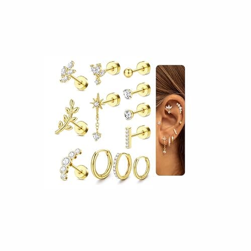 JeryWe 16G Cartilage Earrings for Women Flat Back Earrings Hypoallergenic Surgical Steel Small Flatback Stud Hoop Cartilage Earring Stacks Helix Conch Tragus Daith Piercing Jewelry 12 PCS（Single) - Image 1