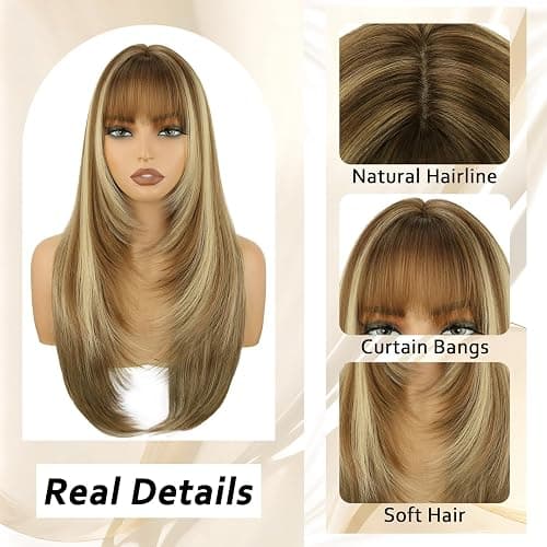 Brown Long Straight Layered Wig with Bangs for Women 26 inch Light Brown With Blonde Put on Go Realistic Synthetic Heat Resistant Natural Wig for Girls Party Cosplay and Daily Use thumbnail 5