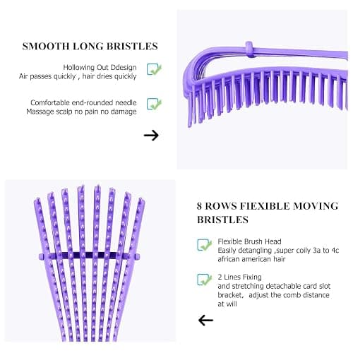 Hair Brush,Detangle Hair Brush, Detangler Brush for Women Men Adults Kids Afro American Type 3a-4c, Detangling Nylon Bristle Brush for Kinky Curly Coily Wavy Wet and Dry Hair,Purple thumbnail 2