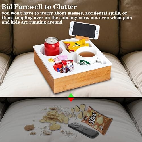 2-in-1 Bamboo Sofa Organizer - Waterproof Couch Tray with 2 Cup Holders (Fits 32oz Bottles), Snack Bowl & Remote Slot - Portable Lap Desk for Bed, RV & Outdoor Use (White) thumbnail 2