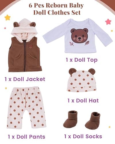 BABESIDE Reborn Baby Doll Clothes for 17-22 Inch Dolls, 5 Pcs Baby Doll Clothes Set with Bear Hat, Jacket, Shirt, Pants and Socks, Baby Doll Accessories Outfit for Pretend Play, Kids Ages 3+ thumbnail 5