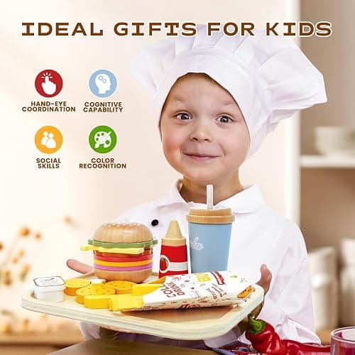 Masonbaby Wooden Play Food Set for Children, Pretend Fast Food Playset, Wooden Hamburger French Fries Toy, Play Kitchen Accessories for Toddlers, Educational Toys Gift for Boys Girls thumbnail 7