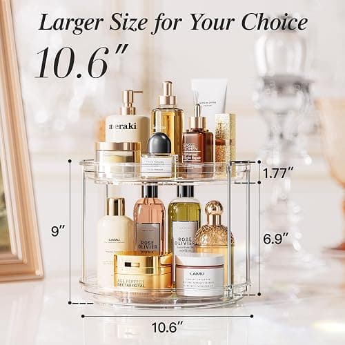 LAMU Rotating Makeup Organizer for Vanity, 10.6in 2 Tier Lazy Susan Turntable Stackable Spinning Skincare Organizer Cosmetic Perfume Tray Display for Bathroom Counterop, Large Capacity, Clear thumbnail 3