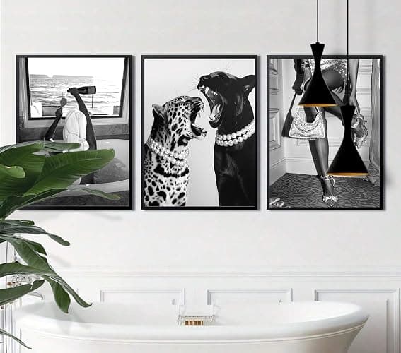 3 Pcs Fashion Leopard Print Posters Paintings Funny Woman Drinking in Bathtub Paintings Black and White Photography Beautiful Woman Print Preppy Style Wall For Bedroom Living Room 12×16 Inch Unframed thumbnail 2