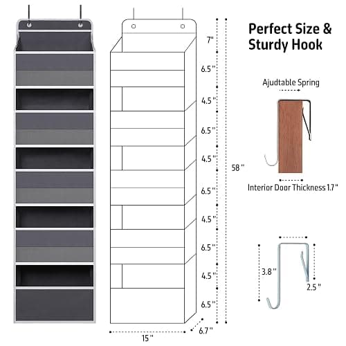 TYMENSH Over Door Organizer with 5 Large Pockets, Heavy Duty Hanging Organizer Storage, Closet Bathroom Nursery Bedroom Dorm, Toys Cosmetics Sundries and Baby Essentials, Gray thumbnail 2