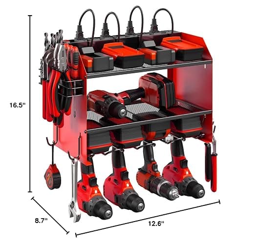 CCCEI Modular Power Tool Organizer Wall Mount with Charging Station. Garage Drill Storage Shelf with Hooks, Heavy Duty Rack, Tool Battery Holder Built in 8 Outlet. Gift for Men. Red, 1 Pack. thumbnail 3