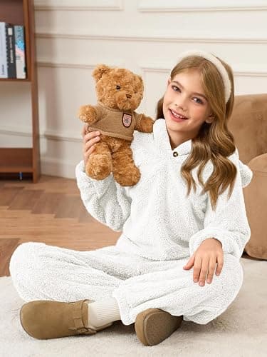 Haloumoning Girls 2 Piece Outfits Kids Fuzzy Bear Ear Hoodies Pullover Sweatshirt and Sweatpants Cute Clothing Sets thumbnail 4