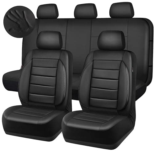 CAR PASS Leather Seat Covers Full Set Universal Water Resistant 3D Foam Back Support, Luxury Comfort Automotive 5 Seat Covers All Season Fit for SUV,Sedan,Van, Airbag Compatible Elegance(Pure Black) thumbnail 8